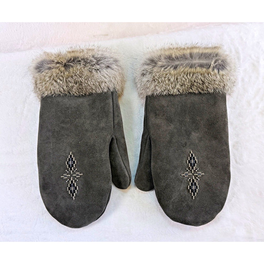 Manitobah Mukluks Gray Suede Fur Mittens Beaded Fleece Lined Charcoal Size M